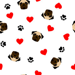 cute seamless pattern with pug dog, paw print and red heart, transparent background