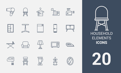 Household elements line icons set