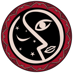 Circular logo with the silhouette of the half face of a woman, on the other side a starry night with the moon in red color