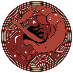 Circular logo with silhouette of a woman flying at night in red color