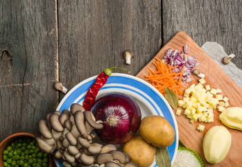 ingredients for vegetable soup. vegetables cucumber onions potatoes carrots mushrooms