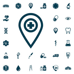 Hospital location icon, medical set on white background. Vector illustration.