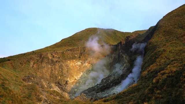4K, Mountains And Valleys of Hot Geothermal Spring In Yang Ming Shan National Park. A Fragment Of The Smoking Crater Of The Volcano Shot in Taiwan