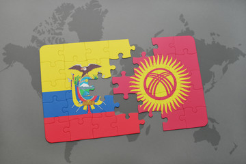 puzzle with the national flag of ecuador and kyrgyzstan on a world map