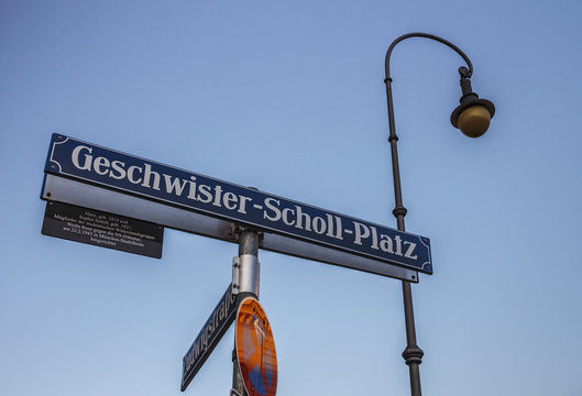 Street sign of the Geschwister-Scholl-Platz in Munich, Germany, 2015
