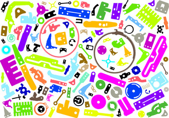 Colorful abstract mechanical parts. Plates, cogwheels and levers for construction machinery design background.