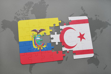puzzle with the national flag of ecuador and northern cyprus on a world map