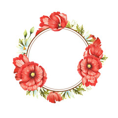 Frame with poppies. Hand draw watercolor illustration