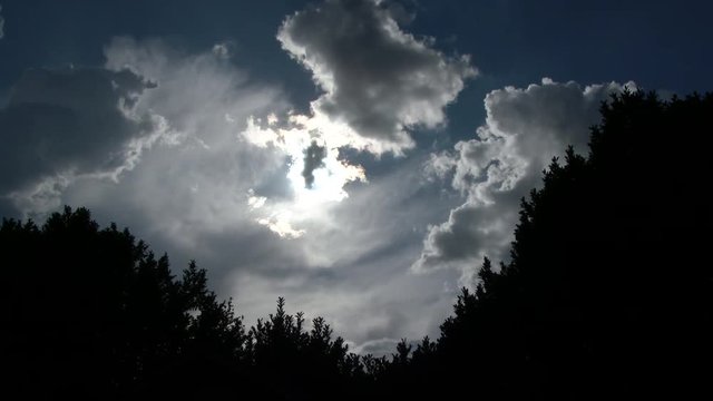 4K time lapse of sun shining as storm clouds pass over tree line in Portland, Oregon.