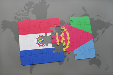 puzzle with the national flag of paraguay and eritrea on a world map