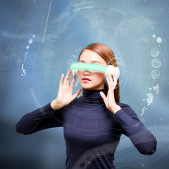 young woman wearing head mount display and futuristic GUI, smart glasses, graphical user interface, heads up display, Internet of Things