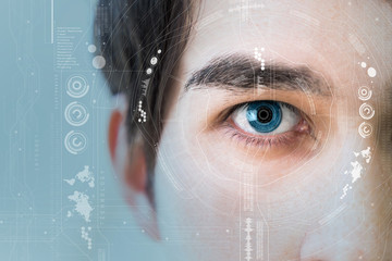 man's eye and technological concept, smart contact lens