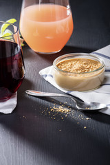 Creme caramel with brown sugar and two juice