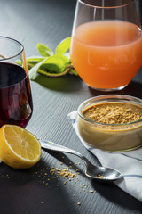 Creme caramel with brown sugar and two juice