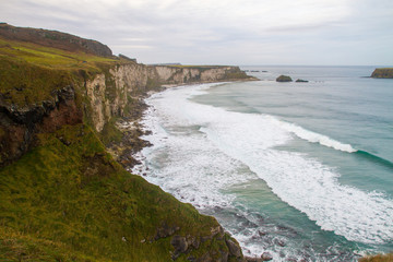 Carrick-a-Rede Rope Bridge, near Ballintoy in County Antrim, Northern Ireland, believed to been built by salmon fishermen to the island for over 350 years