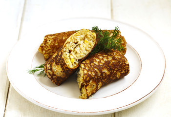 Russian Stuffed Pancakes with Meat, Egg and Rice
