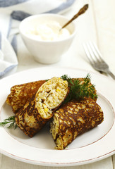Russian Stuffed Pancakes with Meat, Egg and Rice