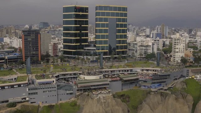 Lima Peru Aerial v2 Flying low besides Larcomar Mall in Miraflores.