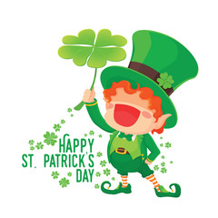 Vector Illustration of St. Patrick's Day Happy Leprechaun with Four Leaf Shamrock. Lucky Clover. for Greeting Card.