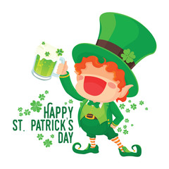 Vector Illustration of St. Patrick's Day Happy Leprechaun with Mug of Green Beer for Greeting Card.