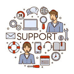 Global technical support vector concept design with customer assistance phone assistant service or call center specialist. Online tech support illustration.