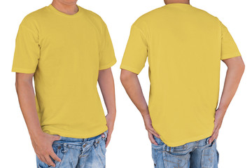Man wearing soft yellow color t-shirt with clipping path, front and back view