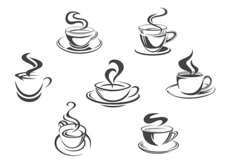 Coffee cups or mugs steam vector icons set
