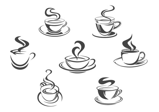 Coffee cups or mugs steam vector icons set