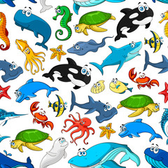 Cartoon sea fishes and animals vector pattern