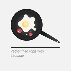Vector background. Fried eggs in a frying pan. Scrambled eggs, sausage.