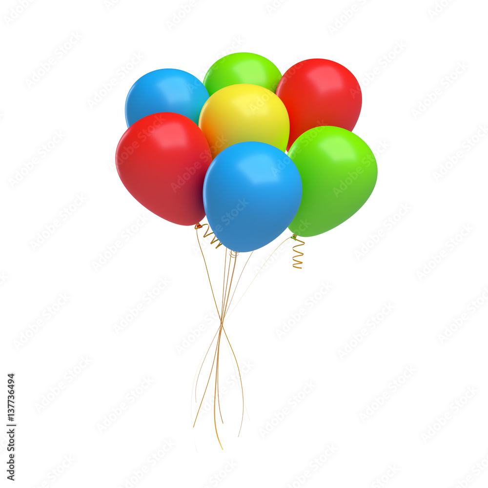 Poster 3d rendering of many colorful balloons tied together with a string. gifts and greetings.