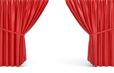 3d rendering of red opened stage curtains on white background.