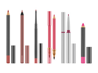 Collection of colorful lip liners. Set of realistic red, pink, nude pencils with caps for contour. Vector illustration with glamour decorative cosmetic isolated on white background.