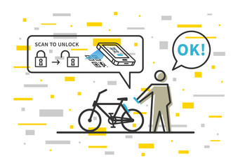 Bicycle renting app vector illustration. Application to rent bike creative concept. Bike renting service with software to scan qr code to unlock transport vehicle graphic design.