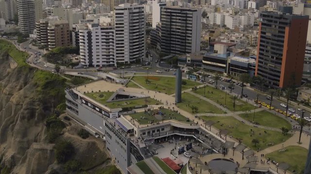 Lima Peru Aerial v4 Flying over Larcomar Mall panning down.