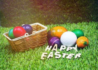 Happy Easter wording with golf ball and eggs