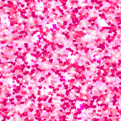 Valentine's day background with hearts. Shiny seamless pattern of pink or rose color with sparkles. Fashion glitter backdrop for romantic card, birthday party or wedding invitation.