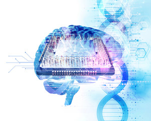 3d illustration of human head on dna molecules  abstract technology background