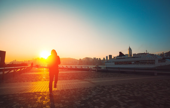 A Man Early Morning Running In Hong Kong.