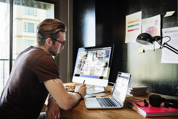 Man Busy Photographer Editing Home Office Concept