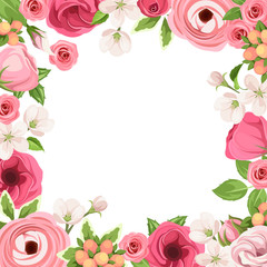 Vector background frame with red and pink roses, lisianthuses, ranunculus and apple flowers.