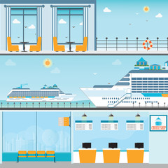 Info of Cruise ship terminal at sea port with moored transatlantic liner