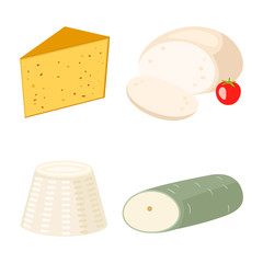 Delicious fresh cheese variety italian dinner icon flat dairy food and milk camembert piece different delicatessen gouda set isolated vector illustration.
