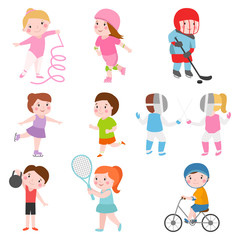 Young kids sportsmens future roller skates gymnastics isolated on white and children young winners after sport school team players vector illustration.