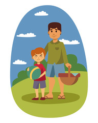 Picnic setting with fresh food hamper basket barbecue resting couple and summer meal party family people lunch garden character vector illustration.