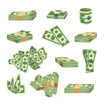 Dollar paper business finance money stack of bundles us banking edition and banknotes bills isolated wealth sign investment currency vector illustration.