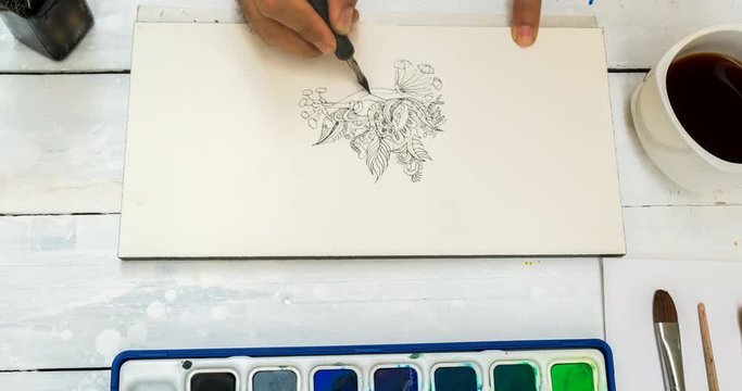 Doodle line art with watercolor on paper