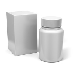 Bottle with box for medicines and set of various pills and tablets 3D realistic rendering