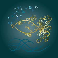 Obraz premium swimming graceful goldfish, painted lines with swirls, blow bubbles in the form of heart, on a turquoise background 