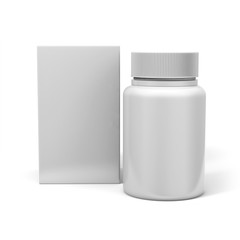 Bottle with box for medicines and set of various pills and tablets 3D realistic mock up rendering